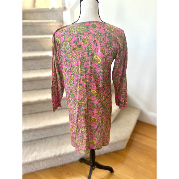 Graham Kandiah Pink Yellow Green Cotton Indian Block Print Tunic Dress - Picture 3 of 6